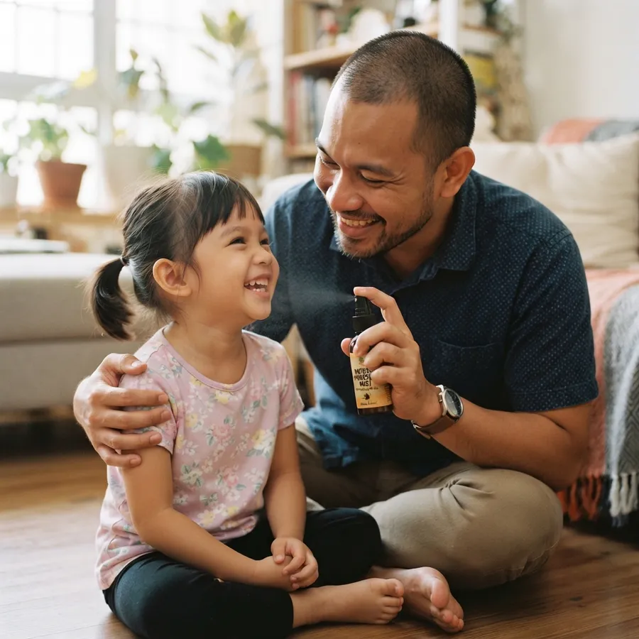 Bapa membantu anak menggunakan spray propolis