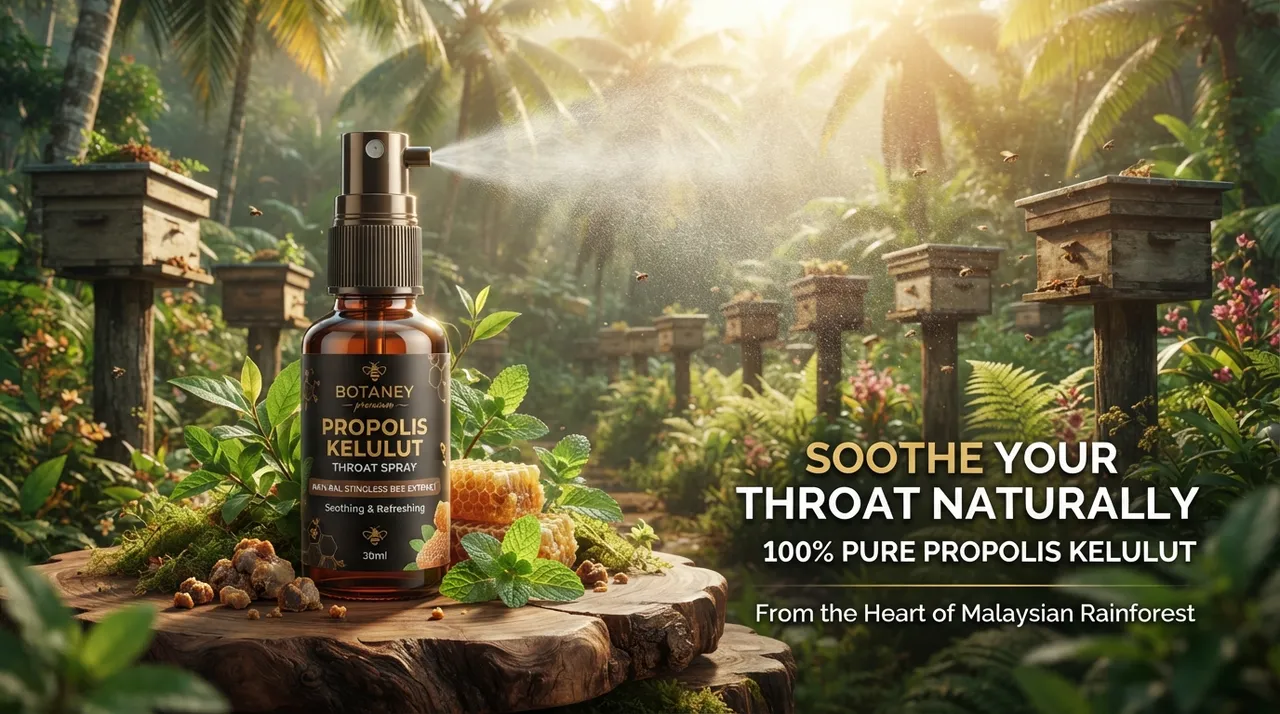 Botol spray propolis kelulut Botaney dengan latar hutan tropika