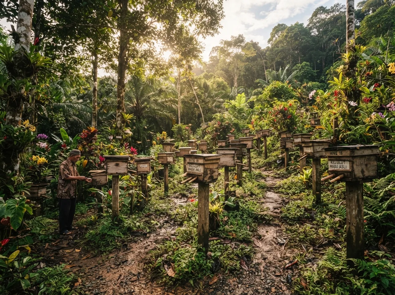 Ladang lebah kelulut di kawasan hutan tropika Malaysia